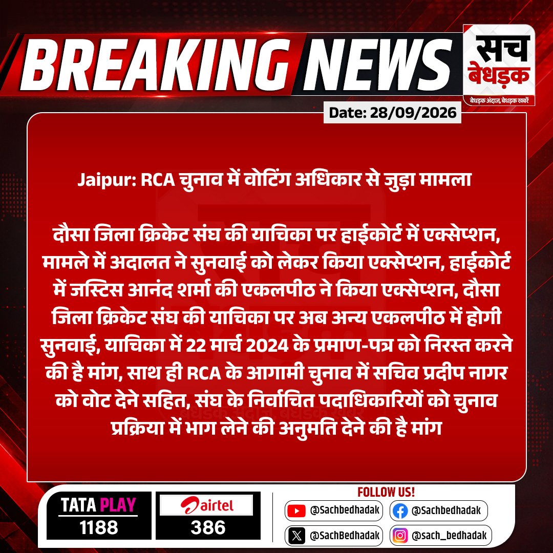 SachBedhadak's tweet photo. #Jaipur: RCA चुनाव में वोटिंग अधिकार से जुड़ा मामला
दौसा जिला क्रिकेट संघ की याचिका पर हाईकोर्ट में एक्सेप्शन, मामले में अदालत ने सुनवाई को लेकर किया एक्सेप्शन, हाईकोर्ट में....
#RajasthanWithSB #RajasthanHighCourt #RCAElection @RCA_cricket https://t.co/zFzVPg5ine