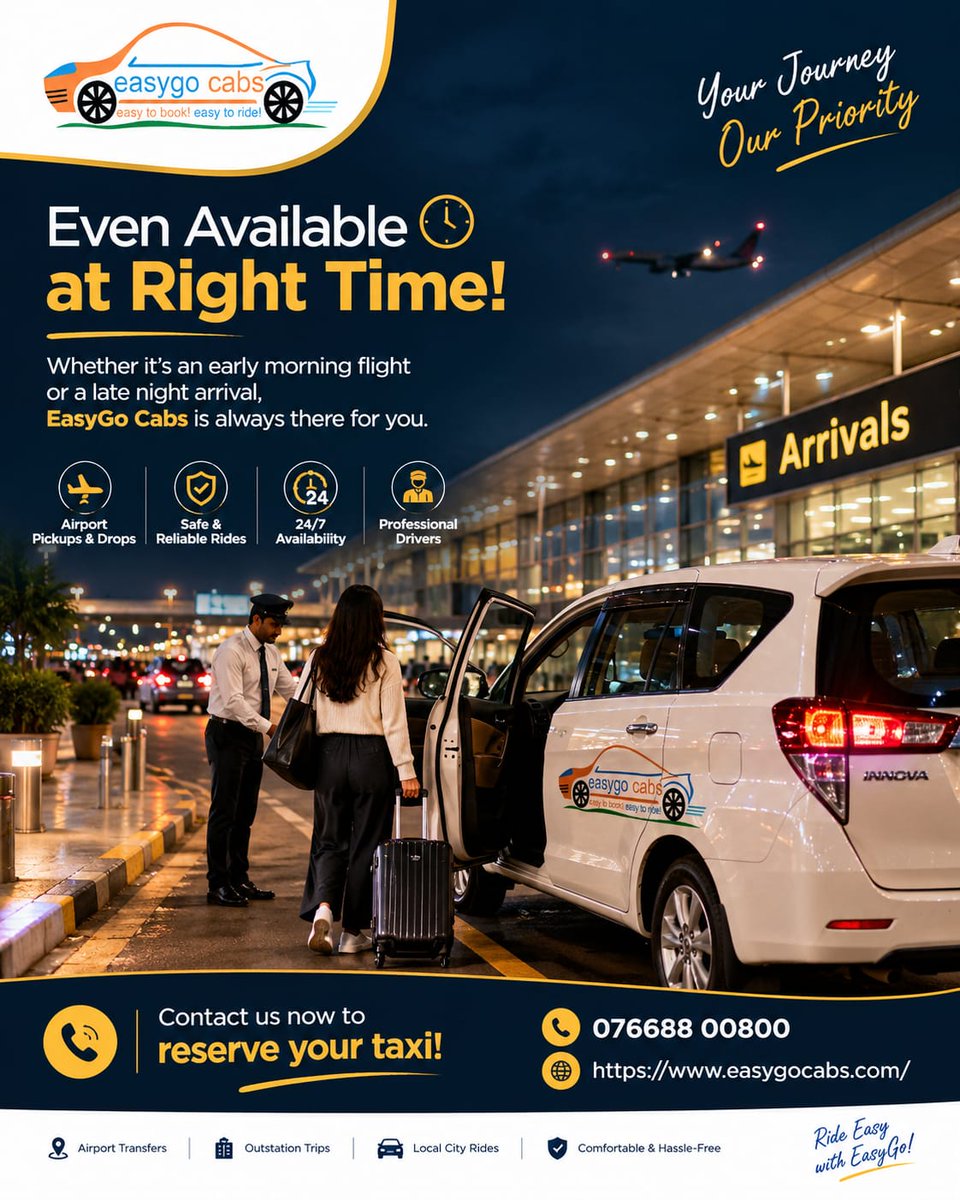easygocabs's tweet photo. Even available at the right time
#Easygocabs #TaxiService #CabService #TravelAgency #OutstationTaxi #AirportTaxi #LocalTaxi #ReliableTaxiService #TravelInComfort

Contact us now to reserve your taxi!
📞 076688 00800
🌐 https://t.co/8oX6cCYeyq https://t.co/KQSbVgnEvK