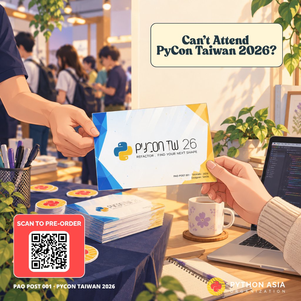 PythonAsiaOrg's tweet photo. Can’t attend #pycontaiwan2026? 💌

#PAOPost sends a little piece of the community to you: a postcard handwritten at our booth and mailed from Taiwan to your address.

€10 · Pre-orders close Oct 4

https://t.co/w0NviJxQkr https://t.co/jwcSzUOQg3