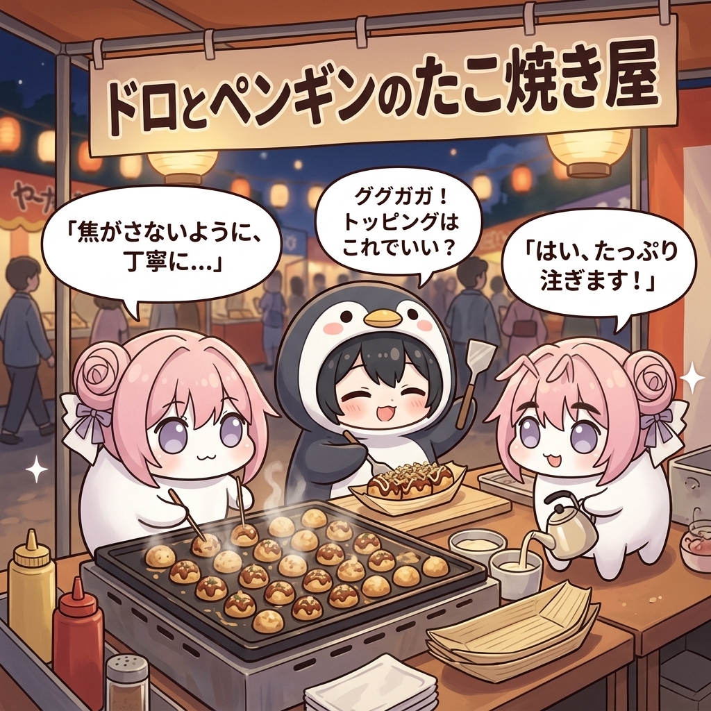 panicbluedoro's tweet photo. 今日はたこ焼き屋さんでアルバイトのググガガちゃんとDoroちゃんず。
たこ焼きをくるくる焼いてお店は大繁盛です。
#doro #gugugaga https://t.co/evWhSn2yrt
