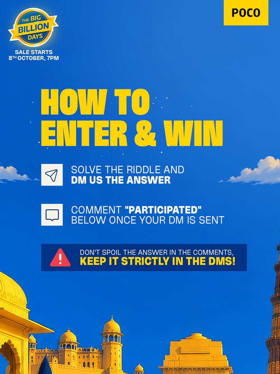 IndiaPOCO's tweet photo. DAY 3 IS HERE!

Riddle. Win. Repeat! 

The hunt continues for a FREE POCO smartphone this BBD!

Solve today’s clue, guess the iconic landmark &amp; 6-digit pincode, and crack open the hidden starting price.

#POCOIndia #BBD #BigBillionDays #Contest https://t.co/OyIe6CNg9I