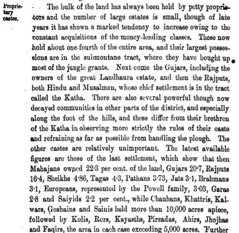 thrcindia's tweet photo. were leading proprietary caste of their District. Bania Despite being only 1/3rd in Population than Gujjars Held more Land than them in saharanpur, including zamindars of Lundhaura. Hindu Rajputs being only 4.34% Population or 29,630 souls held 16.4% of land more in per capita. https://t.co/7cMsyFxEb3