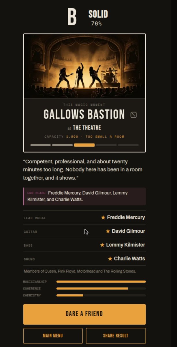 TheJuanWiley's tweet photo. @spacedevin I built a game that drafts fantasy supergroups and grades them like a critic. This is Gallows Bastion: Freddie Mercury, David Gilmour, Lemmy, Charlie Watts. The game's verdict: ego clash.

Beat my band: https://t.co/eE5bK8l0EH https://t.co/LFioUa0jUc