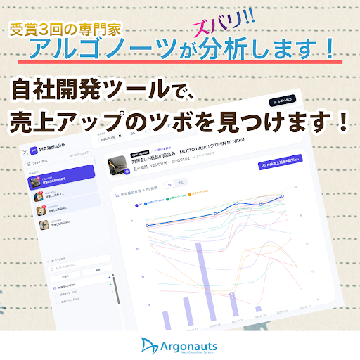 infoargonauts's tweet photo. 検索順位の推移、PV、売上データを集約！

アルゴノーツの分析ツールなら、どの商品・キーワードが売上に貢献しているかが一目瞭然。

勘に頼らないEC運営を実現します。 https://t.co/fUiPL3O7Kw