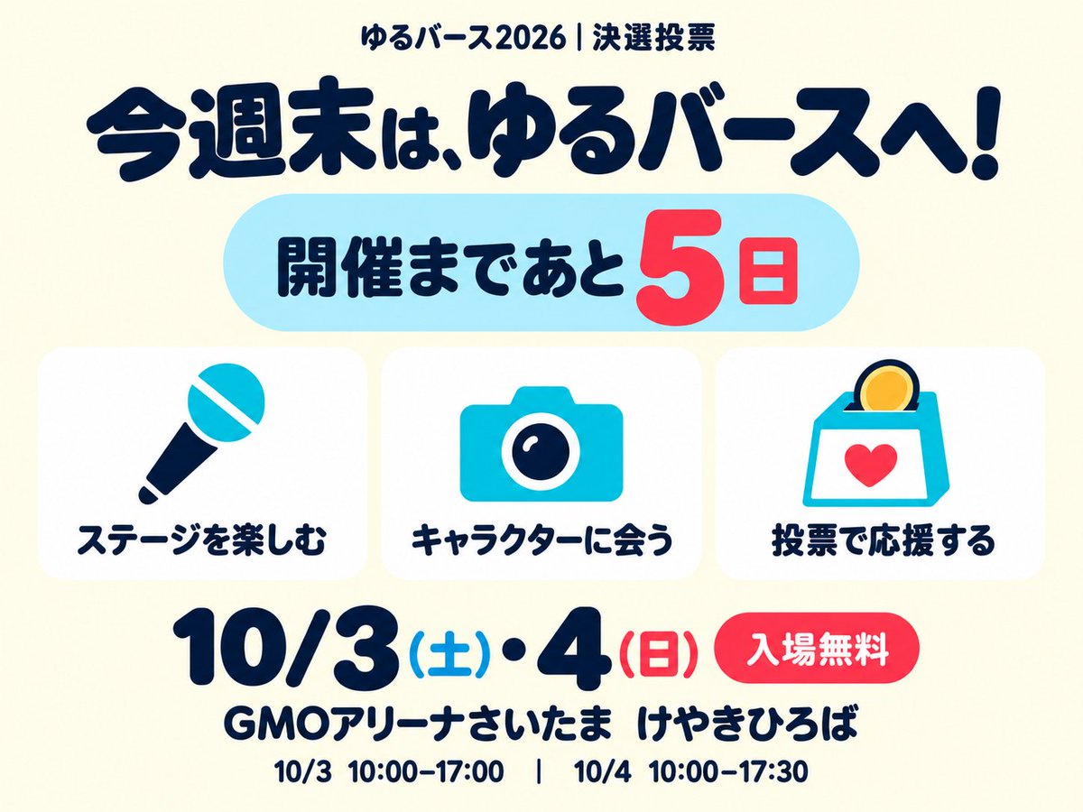 yuru_verse's tweet photo. ＼開催まであと5日！今週末は、ゆるバースへ📣✨／

ステージを楽しんで、キャラクターに会って、投票で応援！
ゆるバース2026 決選投票を開催します🎉

📅10/3（土）・4（日）
📍GMOアリーナさいたま けやきひろば
🎟入場無料

イベントの詳細はこちら👇
https://t.co/sw0CvHD9HS

#ゆるキャラグランプリ