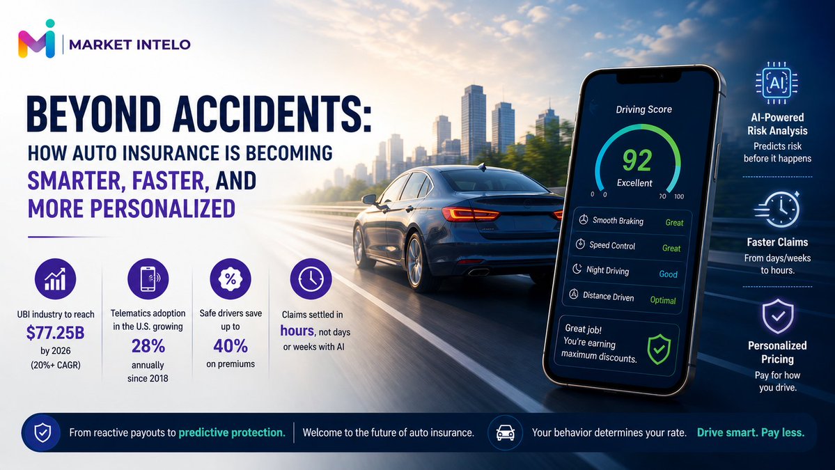 marketintelo's tweet photo. Auto insurance is getting smarter: UBI is projected at $77.25B by 2026, while telematics adoption has grown 28% annually in the U.S. 🚗📊
The future of pricing is data-driven.
https://t.co/SVg1vi2USW
#Insurtech #AutoInsurance #Telematics #Insurance https://t.co/qNaXWVOQsa