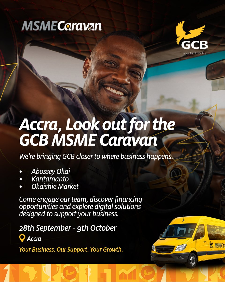 GCBBankPLC's tweet photo. Accra, are you ready for your business’s next big move?
Whether it’s stocking up, investing in equipment or expanding your operations, GCB is bringing financing opportunities closer to you.
Accra, let’s grow together!
#GCBMSMECaravan #BusinessGrowth #GCBCares #YourBank4Life https://t.co/fQ1Ba8ZU61