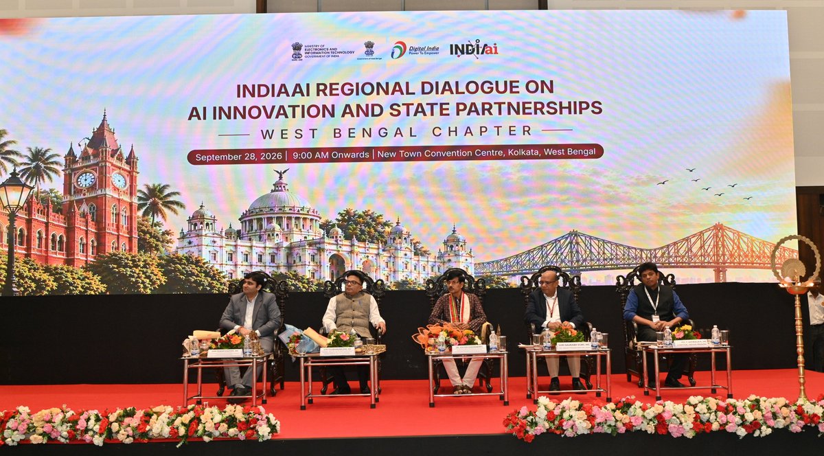 OfficialINDIAai's tweet photo. The IndiaAI Regional Dialogue, West Bengal Chapter commenced today at the New Town Convention Centre, Kolkata, bringing together the Government of West Bengal, IndiaAI, academia, industry and representatives from neighbouring states to deepen collaboration on AI-led innovation and adoption. (1/3)

@AshwiniVaishnaw @JitinPrasada @SecretaryMEITY @sudeep_tweets @_DigitalIndia @GoI_MeitY @mygovindia @news_webel 

#IndiaAI #IndiaAIRegionalDialogue #WestBengal #ArtificialIntelligence #AIInnovation #AIforIndia #DigitalIndia