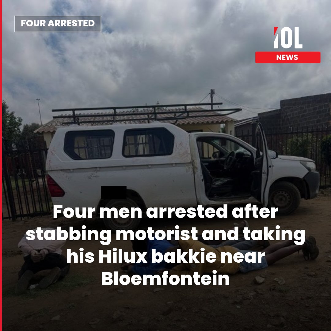 IOL's tweet photo. Four men were arrested after a motorist was allegedly stabbed and robbed of his bakkie near Bloemfontein on Sunday.
Read on https://t.co/VTPcwvvd2q
#news #HiluxHijack #MotoristStabbed #FourArrested #CarTheft https://t.co/CwmNUVjPvm