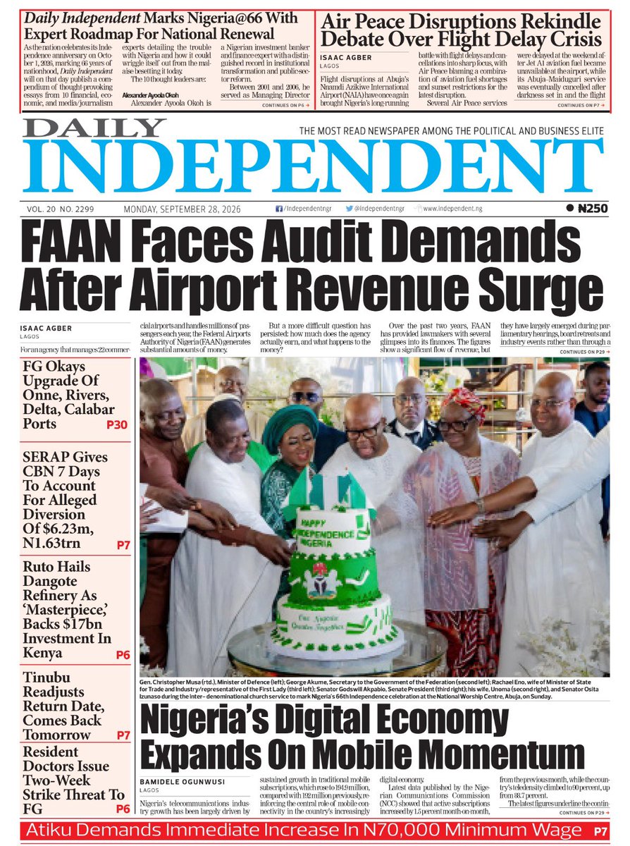 IndependentNGR's tweet photo. Just published: front page of Daily Independent Newspaper for today, 28 September 2026 https://t.co/L44JDrlJJo