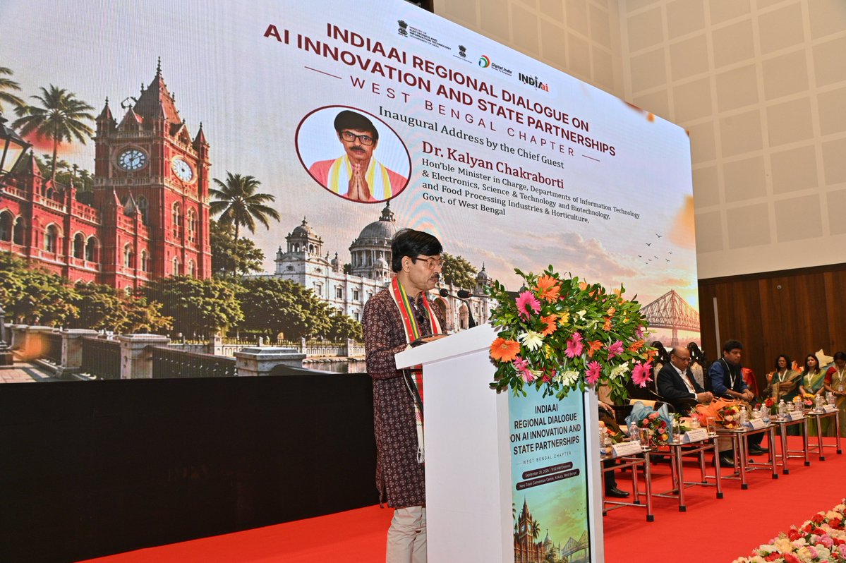 OfficialINDIAai's tweet photo. The inaugural session featured the keynote address by Shri Shubhanjan Das, IAS, Secretary, Department of Information Technology & Electronics, Government of West Bengal, a special address by Shri Saurabh Vijay, IAS, CEO, IndiaAI & CEO, UIDAI, and the inaugural address by Dr. Kalyan Chakraborti, Hon’ble Minister in Charge, Department of Information Technology & Electronics, Government of West Bengal. (2/3)

@AshwiniVaishnaw @JitinPrasada @SecretaryMEITY @sudeep_tweets @_DigitalIndia @GoI_MeitY @mygovindia @news_webel 

#IndiaAI #IndiaAIRegionalDialogue #WestBengal #ArtificialIntelligence #AIInnovation #AIforIndia #DigitalIndia