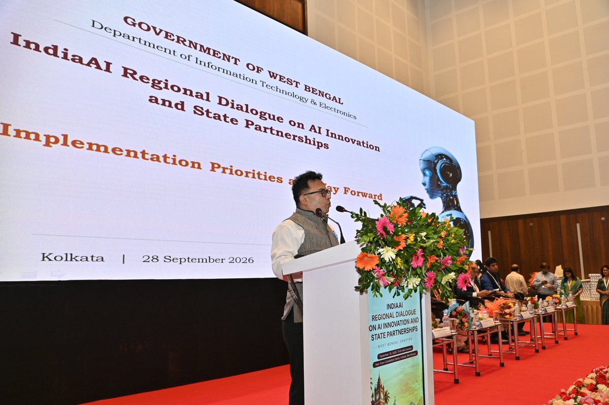OfficialINDIAai's tweet photo. The inaugural session featured the keynote address by Shri Shubhanjan Das, IAS, Secretary, Department of Information Technology & Electronics, Government of West Bengal, a special address by Shri Saurabh Vijay, IAS, CEO, IndiaAI & CEO, UIDAI, and the inaugural address by Dr. Kalyan Chakraborti, Hon’ble Minister in Charge, Department of Information Technology & Electronics, Government of West Bengal. (2/3)

@AshwiniVaishnaw @JitinPrasada @SecretaryMEITY @sudeep_tweets @_DigitalIndia @GoI_MeitY @mygovindia @news_webel 

#IndiaAI #IndiaAIRegionalDialogue #WestBengal #ArtificialIntelligence #AIInnovation #AIforIndia #DigitalIndia