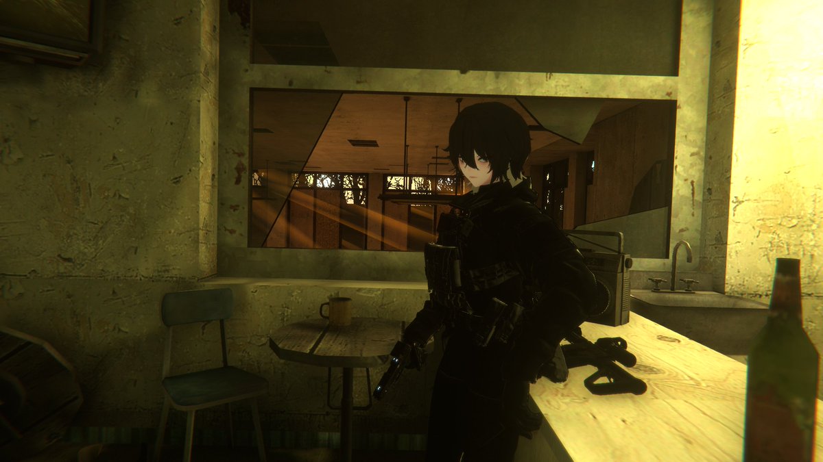 noami2539's tweet photo. "An old counter, an empty bottle, and the smell of dust. Since the world ended, cheap romance is all we have left. Let's move."

「古びたカウンターに空き瓶、そして埃の匂い。世界が終わってからは、安っぽいロマンしか残っていないな。さあ、行くぞ。」

#VRChat  #Eno3D
#VRChatPhotography