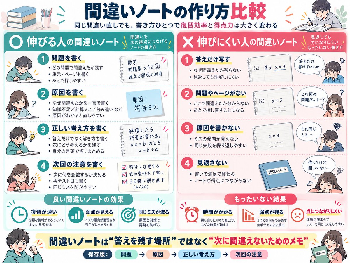 kenpo_study's tweet photo. 間違えた問題の活用法

←改善に繋がる　　　　　　「間違え」で終わる→ https://t.co/doa8K3AxFo