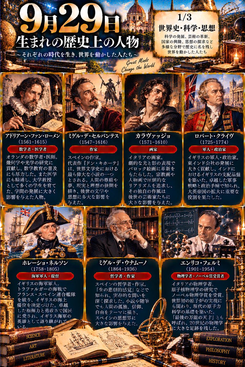 sio7056's tweet photo. 📜✨9月29日生まれの人物✨
科学、政治、文学、芸術、映画、音楽など、さまざまな分野で歴史に名を残した人物たち😊
知ってる人、何人いるかな？👀
#9月29日 #歴史上の人物 #AIイラスト https://t.co/gphwXHREjb