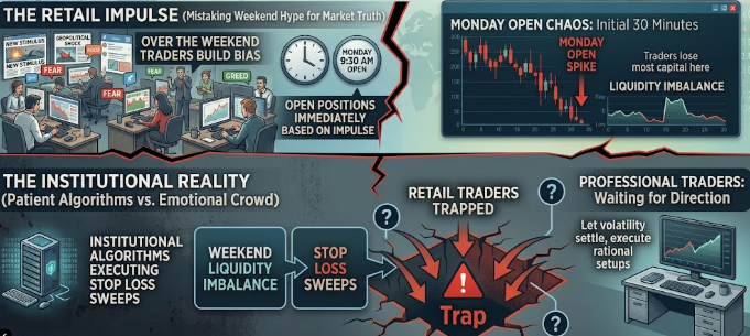 umarmahsudii's tweet photo. Psychology & Mindset (The Monday Open Trap)

Traders often lose the most capital in the first thirty minutes of the Monday market open

Over the weekend traders build bias watching news headlines and open positions immediately at the bell based on fear or greed Institutional algorithms use the initial weekend liquidity imbalance to sweep stop losses before true weekly market direction establishes
Professional traders let the opening volatility settle before executing setups