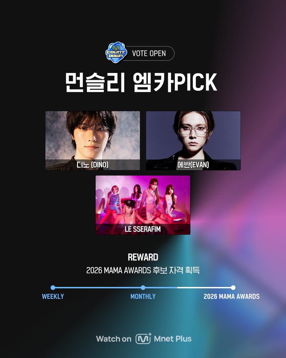 mnetplus's tweet photo. [#엠카운트다운] 9월 먼슬리 엠카𝐏𝐈𝐂𝐊 스테이지 투표 𝐎𝐏𝐄𝐍🏆

[👑1위 후보]
✔️디노 (DINO)
✔️에반(EVAN)
✔️LE SSERAFIM

오늘 단 하루⚡투표 1위 아티스트는 2026 MAMA AWARDS 후보 자격을 획득합니다.
👉https://t.co/vXYo7Hj6hC

📅 투표 기간 : 2026.9.29 (화) 00:00~23:59ㅣKST

매주 진행한 위클리 엠카PICK 스테이지 1위 아티스트를 모아, 최종 투표로 단 하나의 ❛먼슬리 엠카𝐏𝐈𝐂𝐊 스테이지❜가 결정됩니다!

🔸먼슬리 엠카PICK 스테이지 투표🔸
✔매월 첫주 엠카운트다운 전 화요일 (00:00~23:59 KST)
✔1위 산정 기준 : Mnet Plus 득표수 100%
✔1일 5투표⭕

※ 9월 3주차 위클리 엠카PICK은 단일 후보로 LE SSERAFIM이 자동 선정되었습니다.
※ 2026 MAMA AWARDS 후보 자격은 2026년 1월 먼슬리 엠카픽 위너부터 반영됩니다.

=

[#MCOUNTDOWN] 𝐌𝐎𝐍𝐓𝐇𝐋𝐘 𝐌𝐂𝐃 𝐏𝐈𝐂𝐊 𝐒𝐓𝐀𝐆𝐄 in September 𝐎𝐏𝐄𝐍🏆

[👑No.1 nominee]
✔️DINO
✔️EVAN
✔️LE SSERAFIM

One day only⚡1st place artist will become eligible for 2026 MAMA AWARDS nomination!
👉https://t.co/vXYo7Hj6hC

📅 Voting period : September 29, 2026 (Tue) 00:00 - 23:59ㅣKST

It's time to crown the ultimate ❛MONTHLY MCD 𝐏𝐈𝐂𝐊 Stage❜ Vote for your favorite WEEKLY MCD PICK stage winner now!

🔸MONTHLY MCD PICK STAGE Voting🔸
✔Tue before the first MCD of every month (00:00~23:59 KST)
✔100% based on Mnet Plus votes
✔You can vote 5 times a day⭕

※ With no other nominees, LE SSERAFIM has been automatically selected as the Weekly MCD PICK for the third week of September.
※ Eligibility for a 2026 MAMA AWARDS nomination will reflect MONTHLY MCD PICK winners starting from January 2026.

#VotePlayLove #All_of_KPOP
#MnetPlus #엠넷플러스 #MCOUNTDOWN #MONTHLY_MCDPICK
#DINO #디노 #EVAN #에반 #LE_SSERAFIM #르세라핌