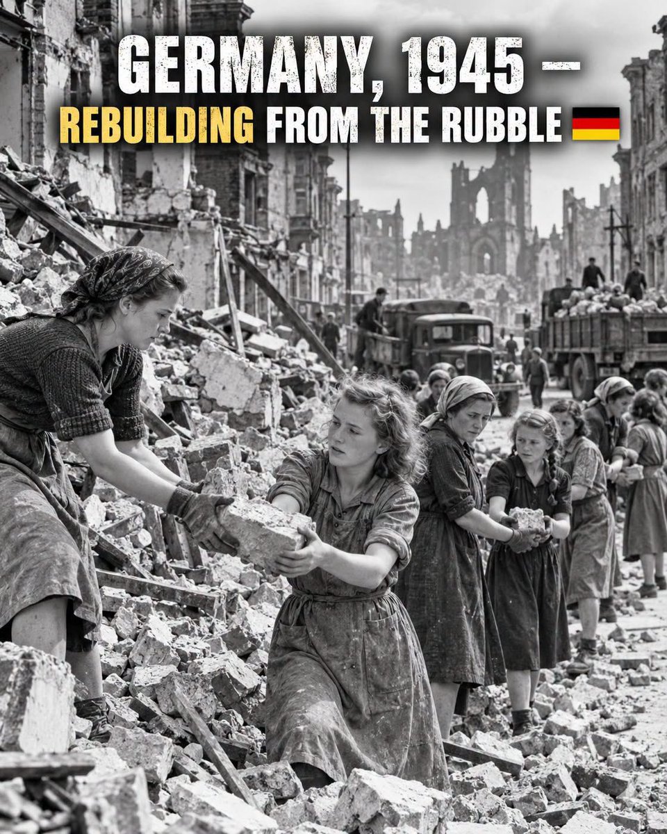 Onyeani_Kalu's tweet photo. The war had ended. The rebuilding had only begun.

In 1945, many German cities were landscapes of ruins. Homes, bridges, railways and entire neighborhoods had been destroyed, while everyday life had to continue through shortages, displacement and uncertainty.

Then came the long work of rebuilding. Street by street, rubble was cleared. Homes reopened, transport returned, and cities slowly began to live again.

For many German families, this was not simply history — it was part of their own story.

Did you, your parents, or your grandparents ever tell stories about Germany’s rebuilding years after 1945?

#Germany #GermanHistory #PostwarGermany #Reconstruction #History

[GER|C05|F03|H09|S04|V02]