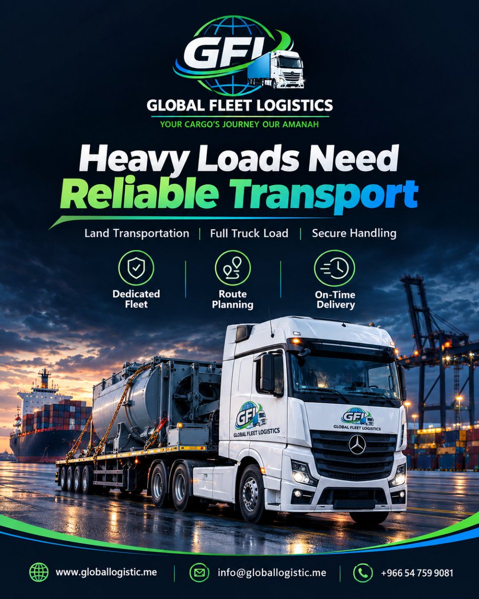 LogisticFleet's tweet photo. Global Fleet Logistic delivers secure land transportation with dedicated fleets, full truck loads, route planning and dependable delivery for heavy cargo.
https://t.co/1Ui0B9ctjd

#GlobalFleetLogistic #LandTransportation #FullTruckLoad #HeavyCargo #SecureTransport #DedicatedFleet https://t.co/HzUXhEV2oX