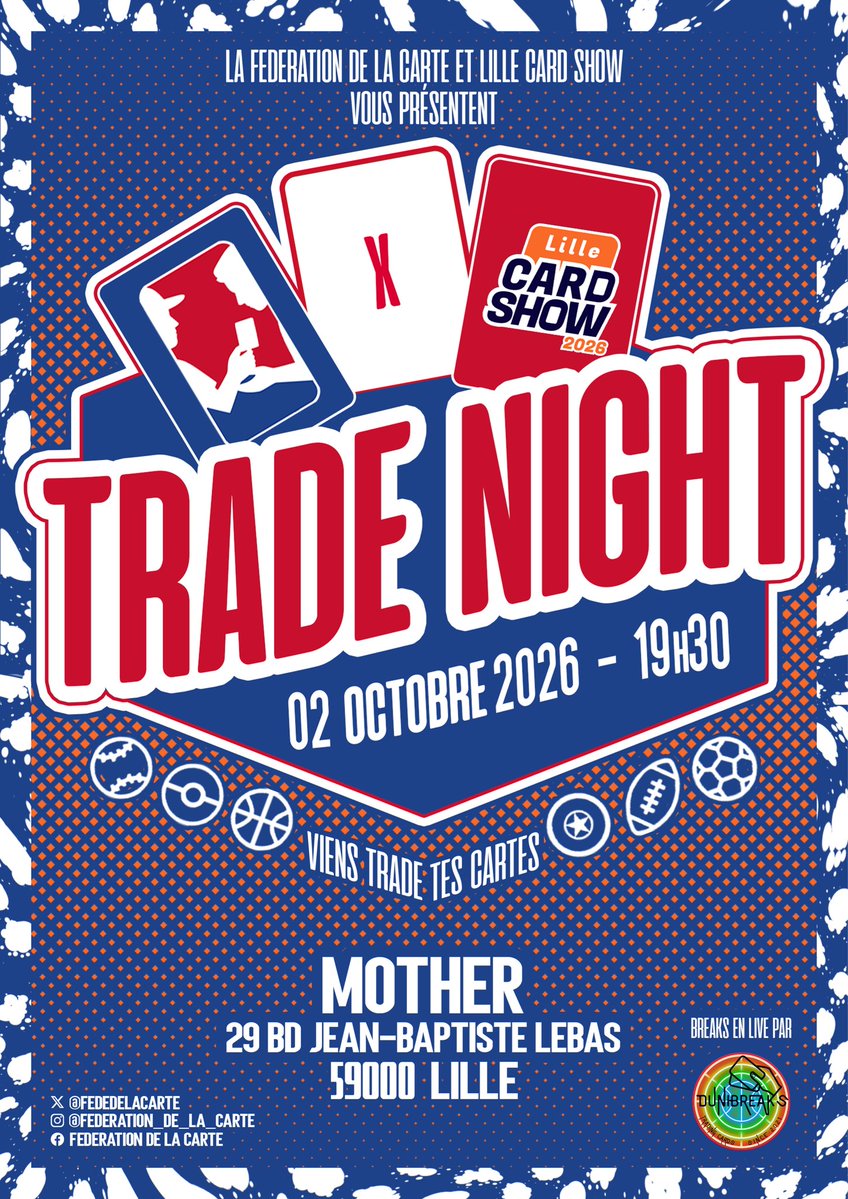 Fededelacarte's tweet photo. 📆🚨 TRADE NIGHT 🚨📆
Ce n’est pas 1️⃣ pas 2️⃣ mais bien 3️⃣ TRADENIGHTS qui arrivent en ce mois d’octobre. 

En ce lundi matin on a de quoi vous redonner le sourire, alors à vos agendas : 
🔹VENDREDI 02/10 à Lille
🔹SAMEDI 10/10 à Lyon 
🔹DIMANCHE 18/10 à Toulouse 

Toutes les informations sont à retrouver sur les affiches des différents événements 👇🏼

Alors on se voit où ? 

#FDLC #TradenightsFDLC