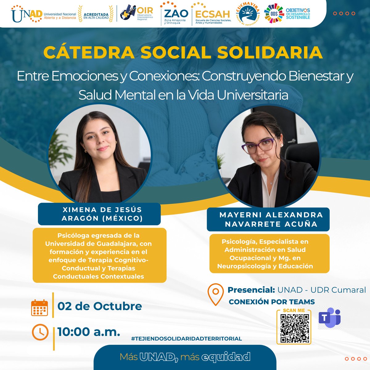 ElOIRdelaRegion's tweet photo. #CátedraSocialSolidaria💙✨ "Entre Emociones y Conexiones: construyamos juntos bienestar y salud mental en la vida universitaria"
Te invitamos a vivir la , un espacio para conversar, conectar y fortalecer nuestro bienestar. 🧠🤝
📅 2 de octubre
⏰ 10:00 a. m.
📍 Presencial: UNAD – UDR Cumaral
💻 Evento híbrido vía Teams
🤝 Articulación: #SISSU + #ECSAH
¡Hagamos de la universidad un territorio de cuidado, conexión y solidaridad! 🌎💙 @unadzao 
#CátedraSocialSolidaria #SISSU #ECSAH #Bienestar #SaludMental #UNAD