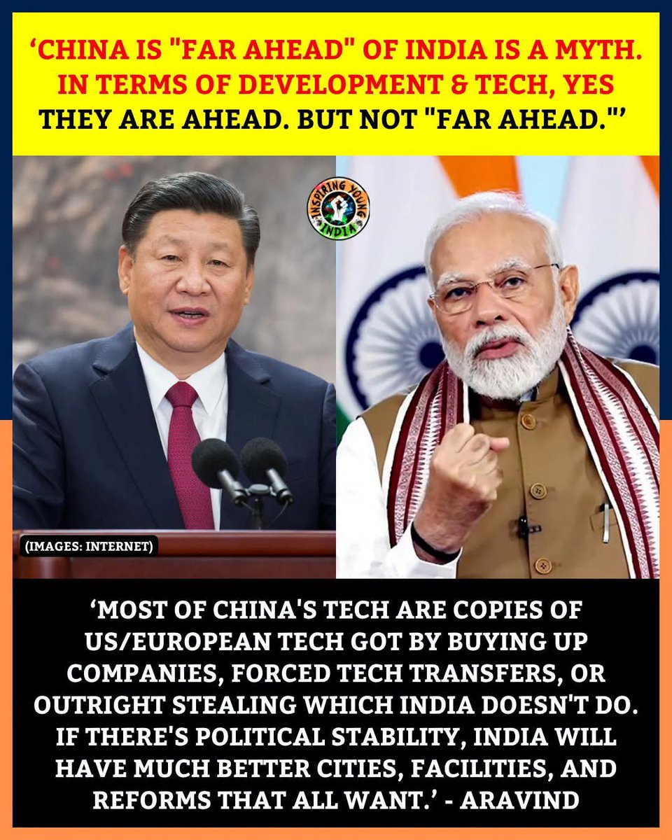 IYIndia's tweet photo. 🇮🇳 “CHINA IS FAR AHEAD OF INDIA” — MYTH OR REALITY?

A viral commentary by creator Aravind challenges the “China model” narrative, arguing that India doesn’t need to copy China’s path to achieve growth, innovation and global influence.

What’s your take? 👇

#India #China https://t.co/eNynnPT45Y