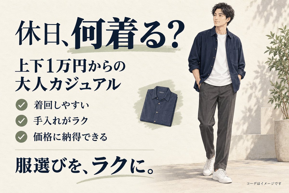 fukunav's tweet photo. 「服は欲しい。でも、何を買えばいいか分からない」

そんな男性に向けて、上下1万円からの大人カジュアルを紹介します。

選ぶ基準はこの3つ。
・着回しやすい
・手入れがラク
・価格に納得できる

服だけでなく、靴までセットで提案。
休日の服選びに迷ったら、のぞいてみてください。 https://t.co/fli3aDu9Ks