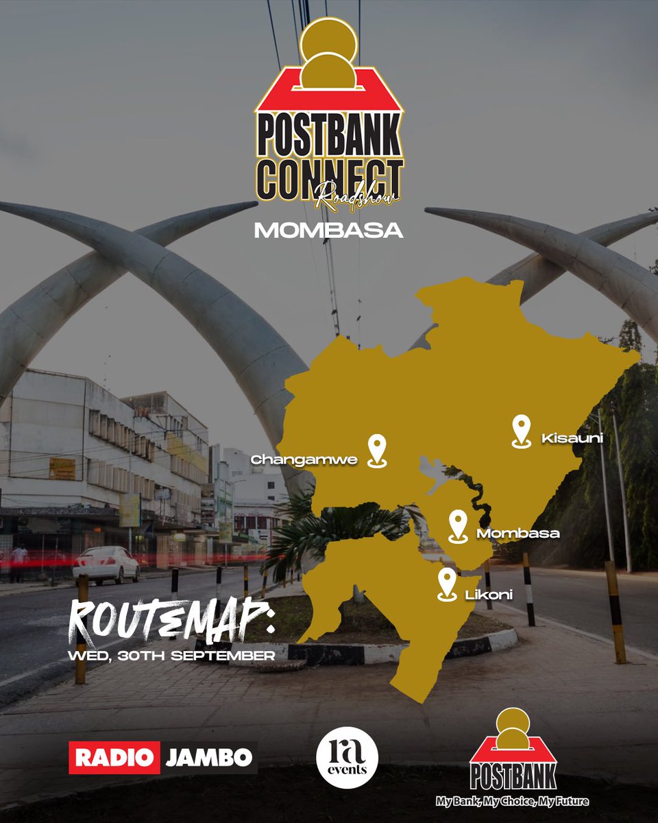 RadioJamboKenya's tweet photo. Mombasa mpooo! Zamu ni yenu sasa kuwaconnect na @Postbank1
Changamwe, Kisauni, Mombasa, Likoni!!!
Postbank Connect iko on the move, bringing banking services closer to you!
Usibaki nyuma!
#PostBankConnect #SAYE #SaveAsYouEarn #KituoChaWakenya https://t.co/nXZ0xYLcpL