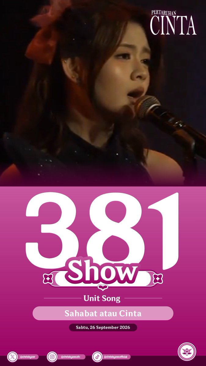 Christyzer's tweet photo. @A_ChristyJKT48 [Update Show @A_ChristyJKT48] 
Setlist : Pertaruhan Cinta
Unit song : Sahabat atau Cinta
Jumlah show : 381
#ChriShow #PertaruhanCintaJKT48 https://t.co/da1CI2hCbO