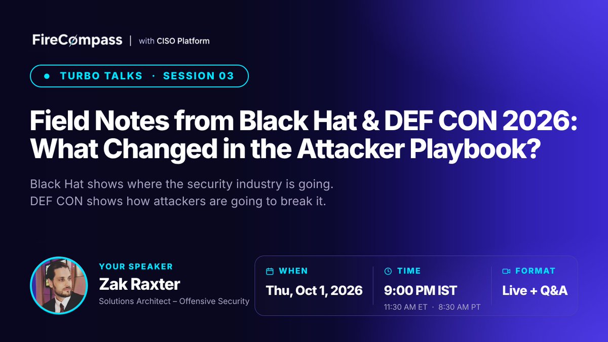 FireCompass's tweet photo. Recon to exploitation used to take attackers weeks. At BlackHat &amp; DEFCON 2026, researchers showed AI chaining it in hours.

Zak’s field notes, Thursday, 20 minutes: 
Register: https://t.co/wQbGLusI4B https://t.co/U2CEo7qP7q