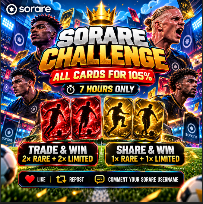 PawelTrader_'s tweet photo. 🚨 SORARE CHALLENGE IS LIVE! 🚨

🔥 ALL CARDS FOR 105%

⏰ 7 HOURS ONLY!

🎁 TRADE &amp; WIN
🔴 2× RARE
🟡 2× LIMITED
🎟️ EVERY TRADE = 1 ENTRY!

🎉 SHARE &amp; WIN
🔴 1× RARE
🟡 1× LIMITED
❤️ LIKE
🔁 REPOST
💬 COMMENT YOUR SORARE USERNAME

#Sorare https://t.co/2KDZ3zWWsJ