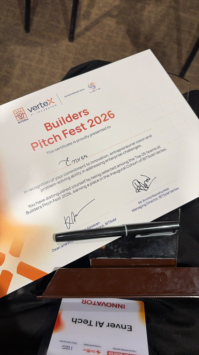 enveraitech's tweet photo. From 150 startups to the Top 25.

Proud to share that Enver has been selected among the Top 25 startups at the BITSoM Vertex AI Builders’ Pitch Fest 2026.

A meaningful milestone — and another step forward.

#EnverAITech #BITSoM #StartupIndia https://t.co/xddA9WiG34