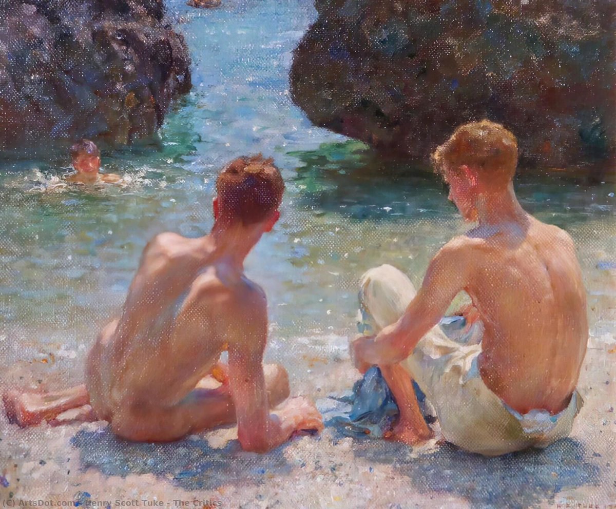 LaurentRie28741's tweet photo. Henry Scott Tuke (1858-1929) occupe une place singulière dans l'art britannique de la fin de l'époque victorienne. Membre éminent de la Newlyn School, il est particulièrement célèbre pour ses représentations saisissantes de nus masculins sur les plages ensoleillées de Cornouailles, un sujet audacieux et pionnier pour son temps.

Dans des œuvres emblématiques comme A bathing group ou Ruby, Gold and Malachite, Tuke capture la jeunesse, la camaraderie et la liberté au bord de l'eau. Travaillant en plein air à #Falmouth, il privilégie une lumière naturelle éclatante, où les reflets du soleil sur la peau et sur la mer créent une atmosphère à la fois poétique et impressionniste.

​L'artiste traite le corps masculin avec une grande sensibilité esthétique et une sobriété naturaliste. Loin des conventions académiques rigides, ses figures se fondent harmonieusement dans le paysage maritime, offrant une célébration intemporelle de la nature, de l'été et de la lumière.

​Aujourd'hui redécouvert pour son regard précurseur et son audace, #Tuke demeure l'un des plus grands maîtres de la peinture de plein air de son époque. 

​#HistoireDeLArt #Peinture #ArtHistory #Impressionnisme #BeauxArts #QueerArt

Les tableaux :
- A bathing group, 1914.
- A study of Charlie Mitchell, 1923.
- Gold and Malachite.
- The Critics.