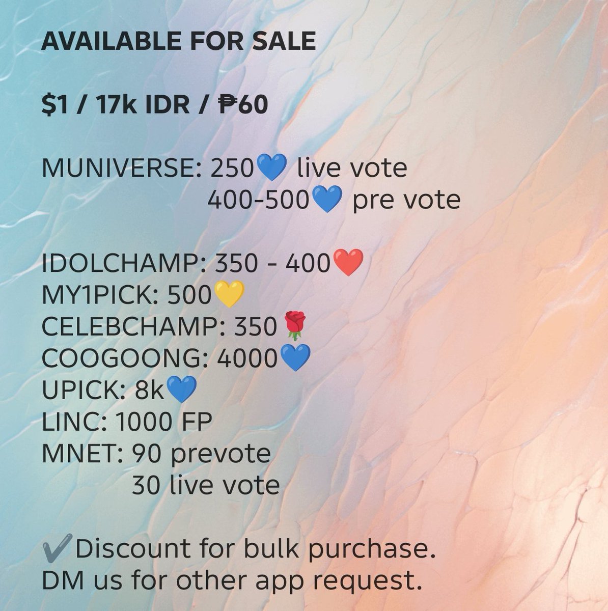 lovevotes4u's tweet photo. OPEN FOR RESERVATION

my1pick Muniverse idolchamp celeb champ upick coogoong Linc Mnet plus 

💵 Payment : GCASH / SEABANK / QRIS
💌 DM to buy/reservation

wts wtb sell sale jual beli kpop vote kda KGMA final award AAA 2026 https://t.co/0W3jrzzyg9