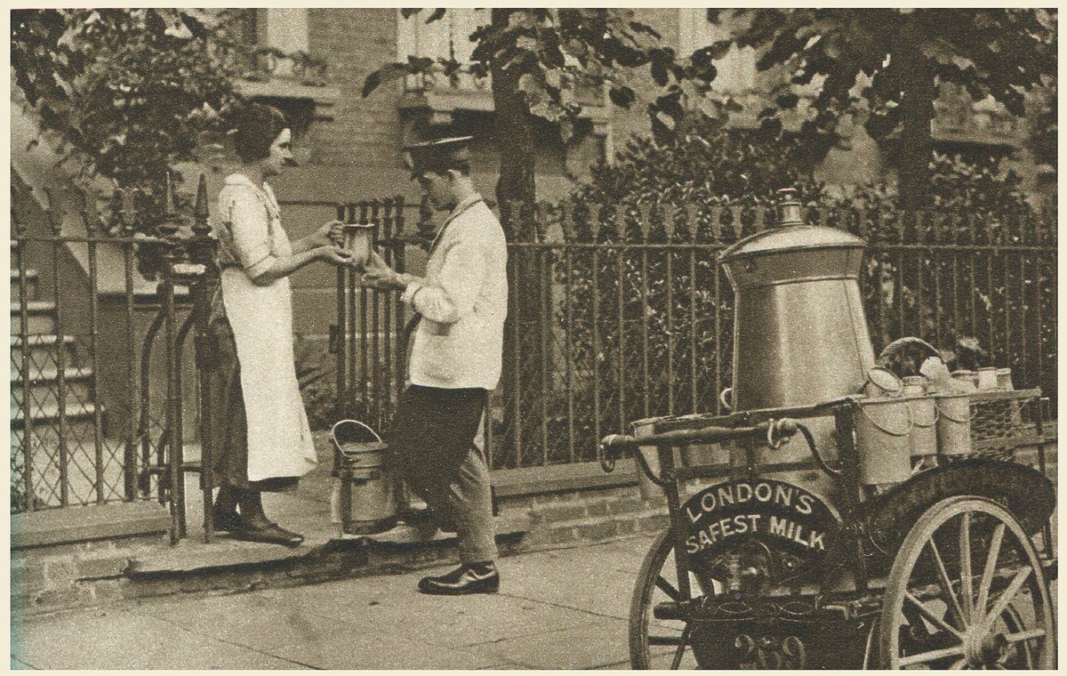 postcard_attic's tweet photo. Monday morning in London, around 1927. 
A North London milkman making his rounds with a three-wheeled trolley. Look closely at the sign: “London’s Safest Milk.”
Milk safety was a serious concern at the time as pasteurisation became more widespread. https://t.co/IeF4oBKmaR