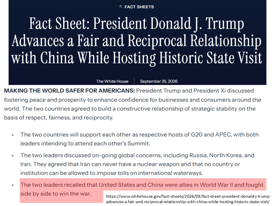 RyuichiYoneyama's tweet photo. アメリカが公式文書で"The two leaders recalled that United States and 『China』 were allies in World War II and fought side by side to win the war. "（https://t.co/aesvZPYyXj）と言っていますので、異が有るのでしたら、私ではなく、トランプ大統領他アメリカ人に言ってください https://t.co/TwFfqnilIw