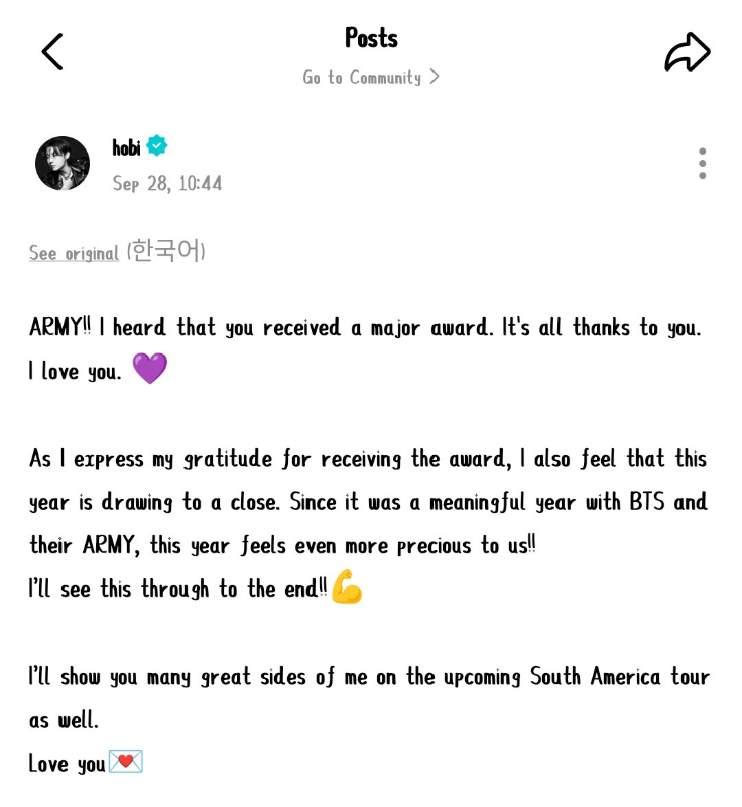 jimininbloom's tweet photo. Three wins and a message from Hobi… my ARMY heart is so full 🥹💜 Thank you for always being with us. We’re so proud of you, Hobi! See you on the South America tour! 🏆💜

#BTS #Hobi #BTSpavedtheway #Army #Junghoseok #Jhope #방탄소년단 https://t.co/Mf6KZcVkog