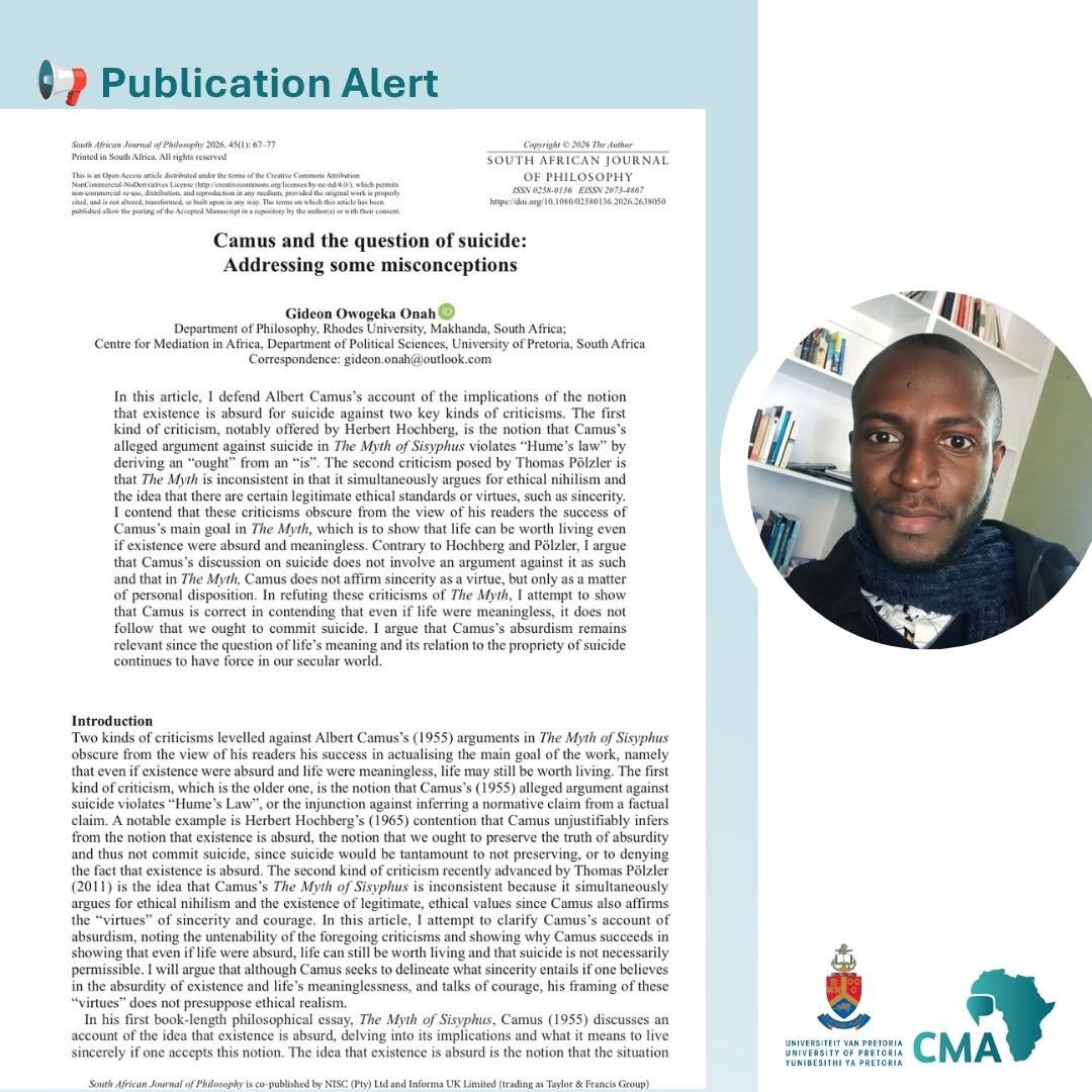 CMAUP's tweet photo. In his latest article, "Camus and the Question of Suicide: Addressing Some Misconceptions," CMA’s Gideon Onah defends Albert Camus’s account of existential absurdity and its implications for suicide against two major criticisms.

Read more here: https://t.co/ehk9q5Pdd4 https://t.co/cKzCcUg4YK