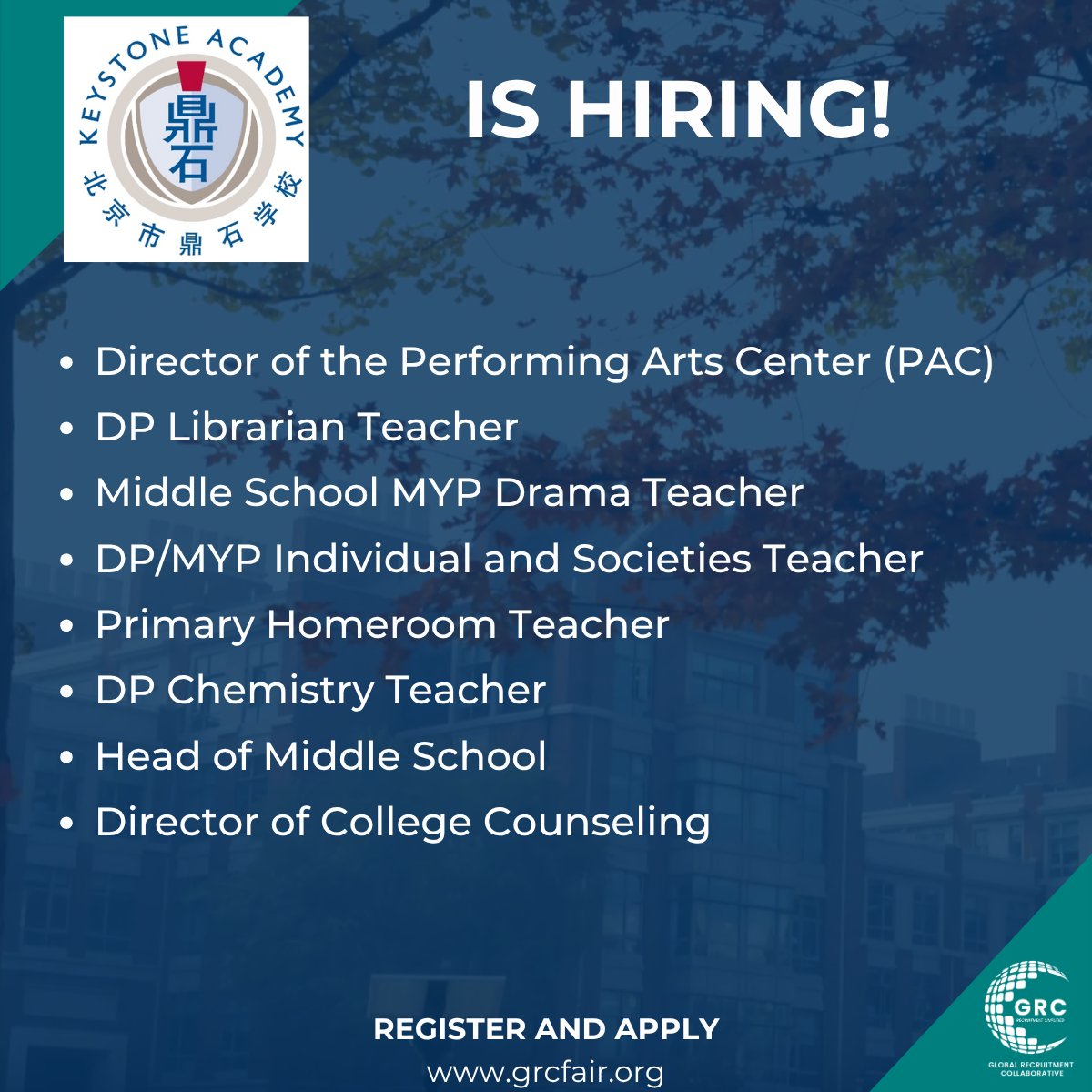 GrcFair's tweet photo. Meet Keystone Academy, Beijing at the GRC Bangkok Job Fair!

Register and explore opportunities at https://t.co/kG9DJru76L https://t.co/DqQ7ffVWBQ