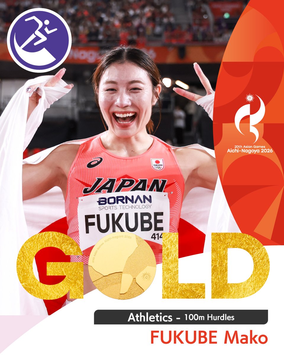 AsianGames_2026's tweet photo. ／
🥇金メダル！ ✨
＼
━━━━━━━━━━━
Athletics | Women's 100m Hurdles
━━━━━━━━━━━

Japan | FUKUBE Mako wins gold! 🥇✨
Congratulations🎉

#アジア競技大会 #愛知名古屋2026 https://t.co/VuWgeKWceG