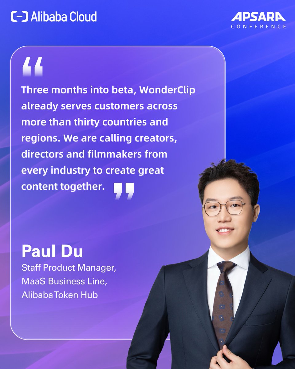 alibaba_cloud's tweet photo. WonderClip is ready for the world’s creators.
At #ApsaraConference2026, Paul Du, Staff Product Manager, MaaS Business Line, Alibaba Token Hub, spoke about WonderClip’s move into the agentic AI era, where users can work with an agent through natural language and access professional skills for video creation.
Find out more: https://t.co/7Fcsohg4Gw 
#AgenticEra #AgentNative #AIAgentsAtApsara #BringYourAgent #AlibabaCloud