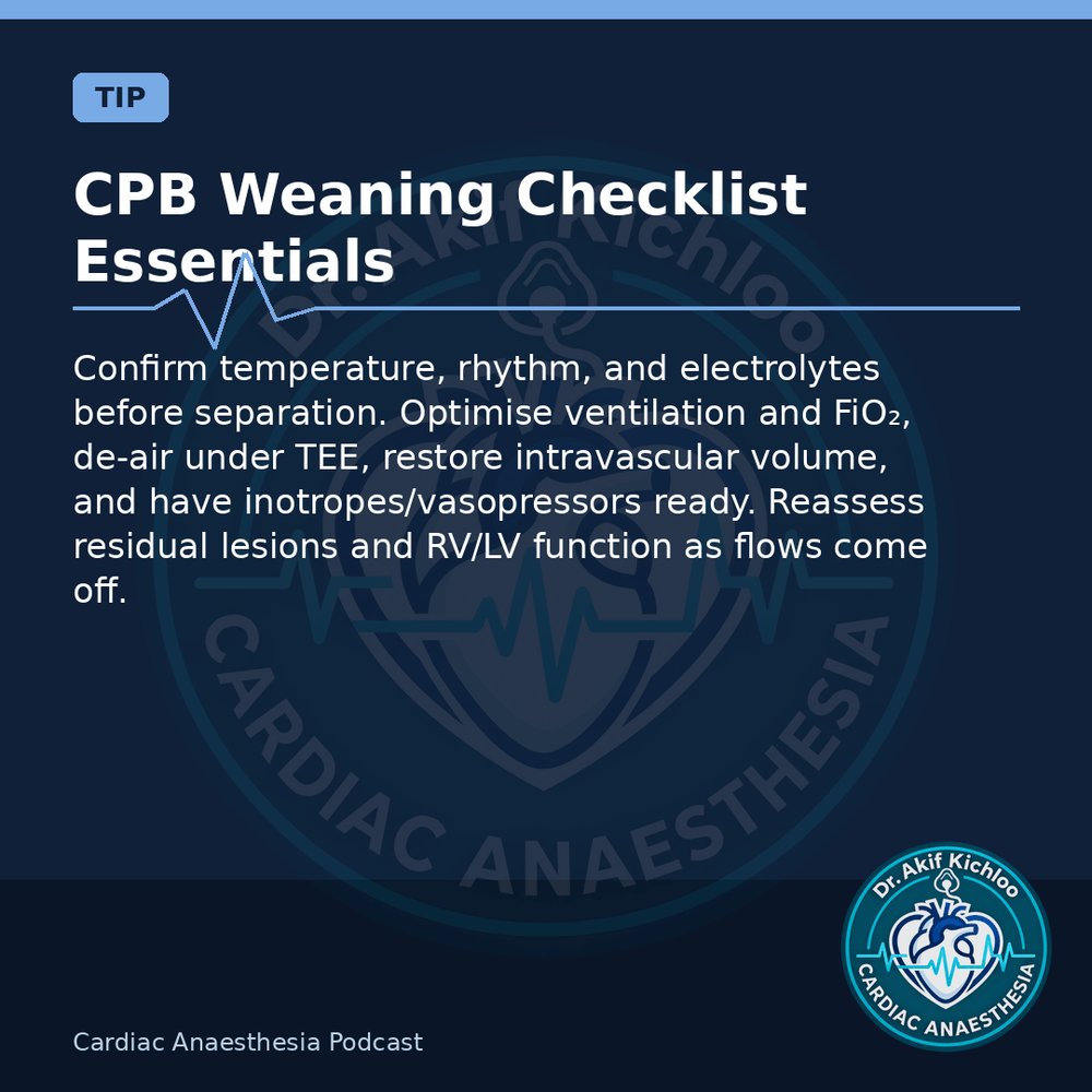 akifkichloo's tweet photo. CPB, ACT &amp; IABP
CPB weaning checklist, ACT pitfalls, ATIII deficiency, IABP contraindications.
Cardiac Anaesthesia Podcast
#CardiacAnaesthesia #CardiacAnaesthesiaPodcast #MedEd #CardiacOR https://t.co/snhpJiywAc
