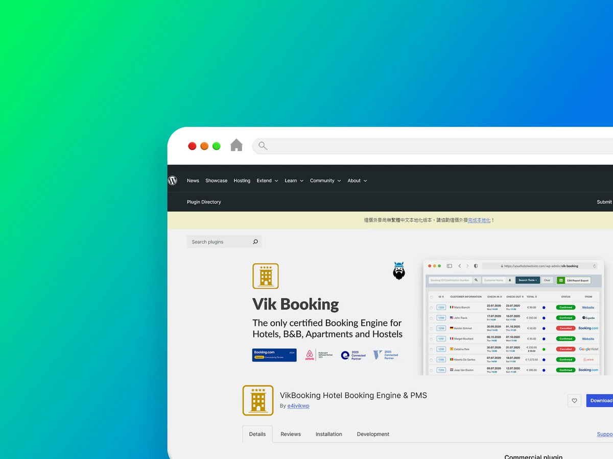 wpmax_tw's tweet photo. ❤️ VikBooking 外掛程式是一款功能強大的 WordPress 外掛程式，它將專業的訂房引擎與物業管理系統（PMS）直接整合進自架的 WordPress 網站中。

VikBooking 外掛程式：https://t.co/G26sDiBYNS https://t.co/gsPBp4K4G3