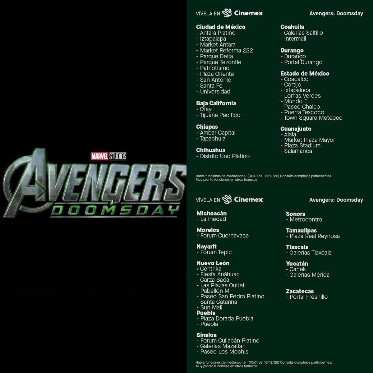 CerebrosG's tweet photo. Ciudades de México donde tienen el formato Infinity Vision para la preventa de Avengers Doomsday en Cinemex. https://t.co/njjE8hreVm