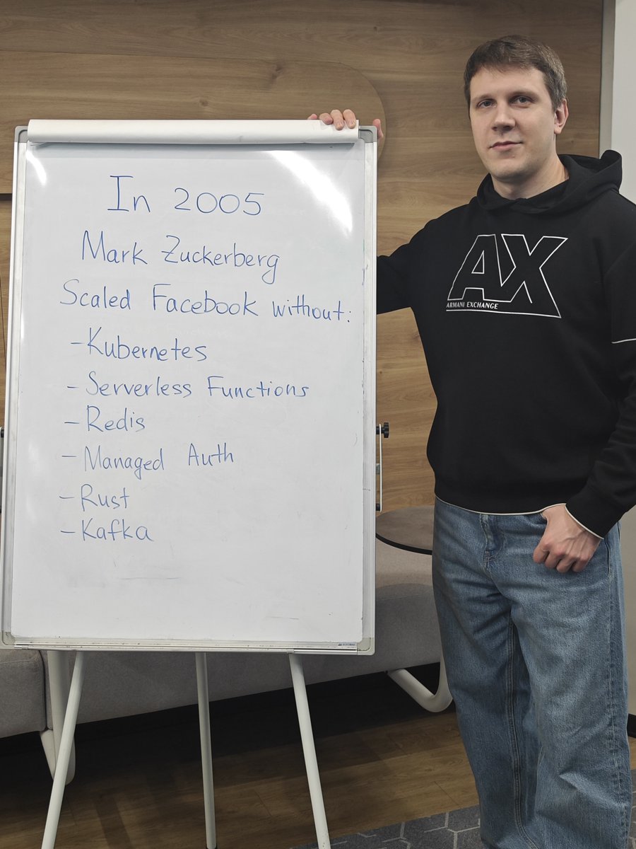 AntonMartyniuk's tweet photo. In 2005, Mark Zuckerberg was running Facebook on PHP and MySQL.
Without Kubernetes, Kafka, Redis, Serverless Functions and Rust.

By the end of that year, it had 5.5 million users.

Modern teams do the opposite.

We wire up 10 moving parts before the first real user signs up.

We design for 1 million users for tomorrow.
Most products die somewhere around 1000.

We try to guess every future scenario, so we add:
→ extra abstraction layers
→ message queues
→ caches "just in case"
→ microservices for a team of three

All to solve problems you don't have yet.

And every layer you add is one more thing to debug during the outage.
One more thing a new hire has to learn.
One more reason for deploy to go wrong.

And now imagine how this problem scales with AI agents.
Your AI agent doesn't care about your architecture.
But you should!

Always architect your apps based on current needs (not possible future guesses), leaving room for extension and evolution.

Simplicity scales much more easily and it is easier to change.
Complexity often kills projects far before they reach that guessed scale.

Build your projects like Facebook in 2005: small, fast and boring, solving only problems you have today.

♻️ Repost to help others build better software

➕ Follow me to improve your .NET and Architecture Skills