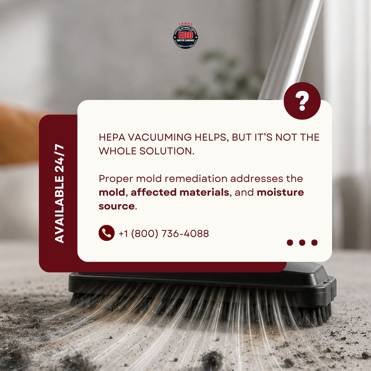 EddWaterDamage's tweet photo. HEPA vacuuming is an important step, but it’s only one part of proper mold remediation. 

Mold can hide inside walls, insulation, and other materials, which is why addressing both the affected areas and the moisture source matters.

Call EDD Water Damage: +1 (800) 736-4088 https://t.co/0bLIXyK3Zl