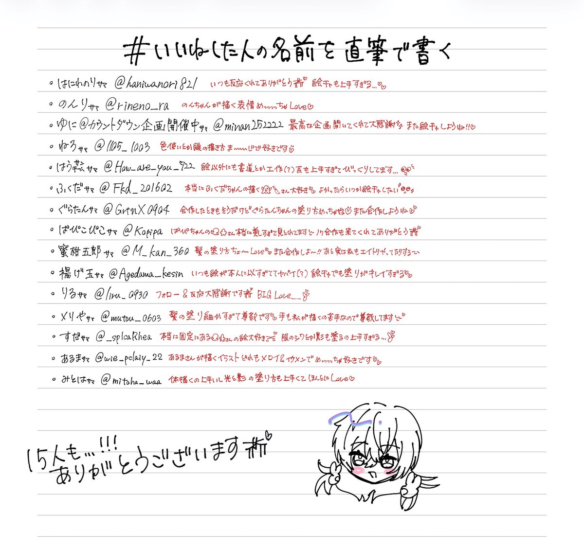 utane_215's tweet photo. #いいねした人の名前を直筆で書く
完成しました〜！
反応くれた方ありがとうございます🫶💕
お名前とその横に赤文字でメッセージ書かせていただきました！🙌
字が汚くて読めなかったらごめんなさい🙇‍♀️ https://t.co/j6uTi8Md8l