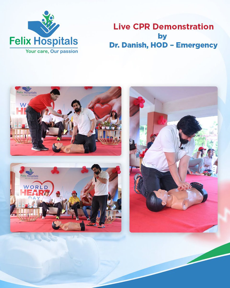 WellnessFelix's tweet photo. At the World Heart Day Walkathon 2026, Dr. Danish, HOD – Emergency, Felix Hospitals, conducted an insightful CPR awareness session with a practical demonstration. 

A reminder that in a cardiac emergency, every second counts and every skill matters. https://t.co/Z4BcdRuIO2