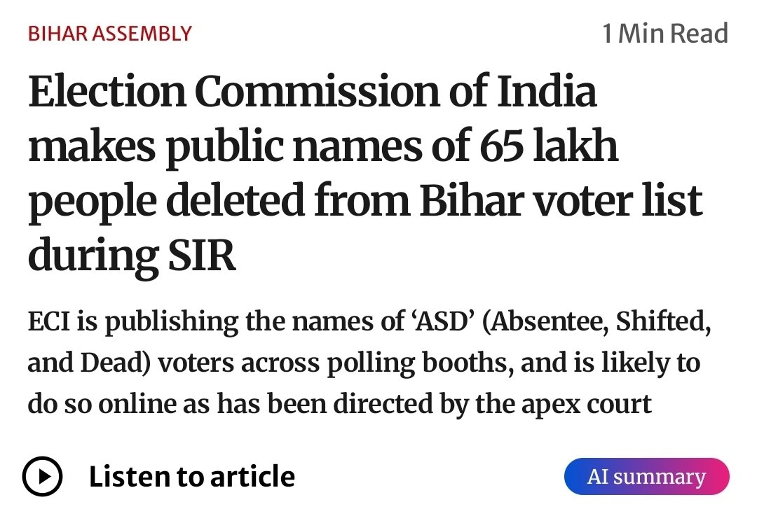 Jhunjhunuwala_'s tweet photo. In 2013, the Election Commission had estimated around 76 lakh bogus voters in Bihar’s electoral rolls.

In 2025, SIR deleted 65 lakh names from Bihar’s electoral rolls.

The EC is now being accused of a voter scam for doing what it has historically done, cleaning the electoral rolls.