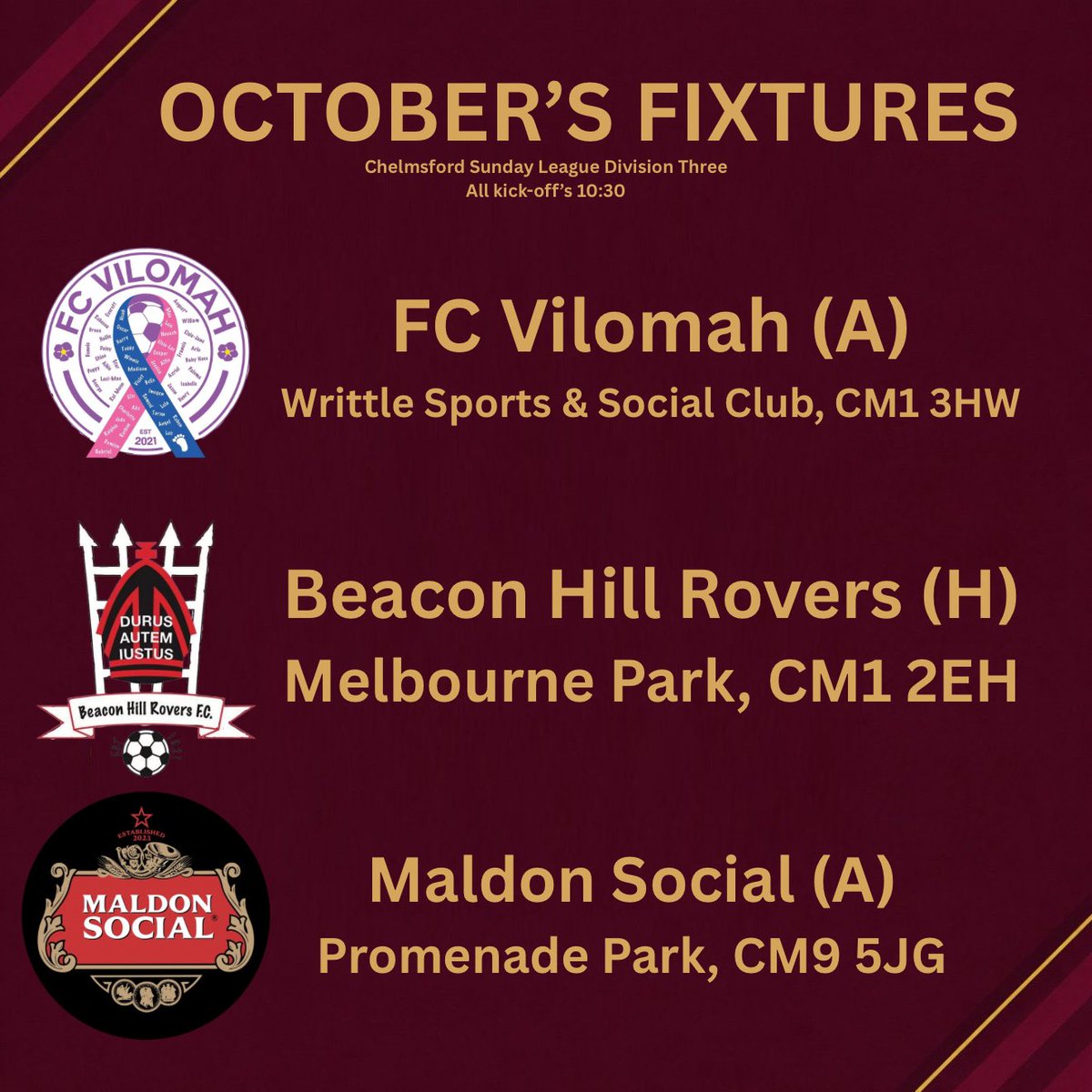 DeporClarets's tweet photo. With two wins and two losses in September, we now look ahead to October and our fixtures are as follows:

@FCVilomah (A) - 4/10/26
@BeaconHillRFC (H) - 11/10/26
Maldon Social (A) - 25/10/26 https://t.co/MXVRYqWyPA
